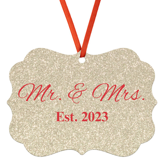 “Spouses Est. 2023” Medallion Ornament (Gold Glitter Background w/ Red Font)